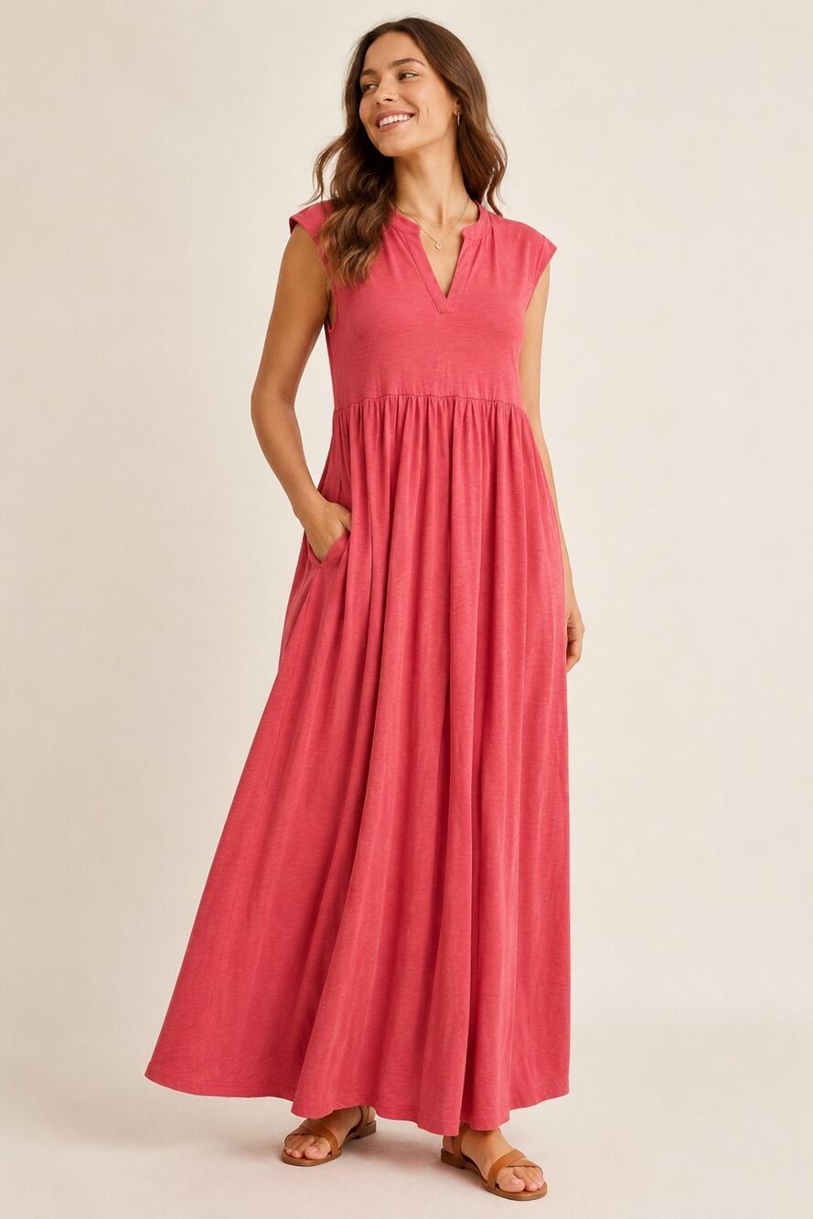 Boden Women’s 20-22R Coral Pink Tencel Cotton Maxi Dress Empire Waist Pockets